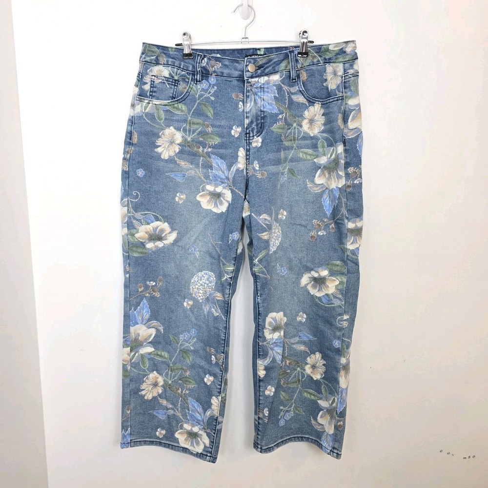 Flamingals Blue Multicolor Floral Stretch Artsy Wide Leg Crop Jeans Size XL